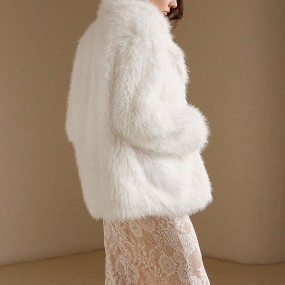 Beige Casual Women's Furry Lapel Long Sleeve Fluffy Loose Fit Coat - Picture 3 of 7